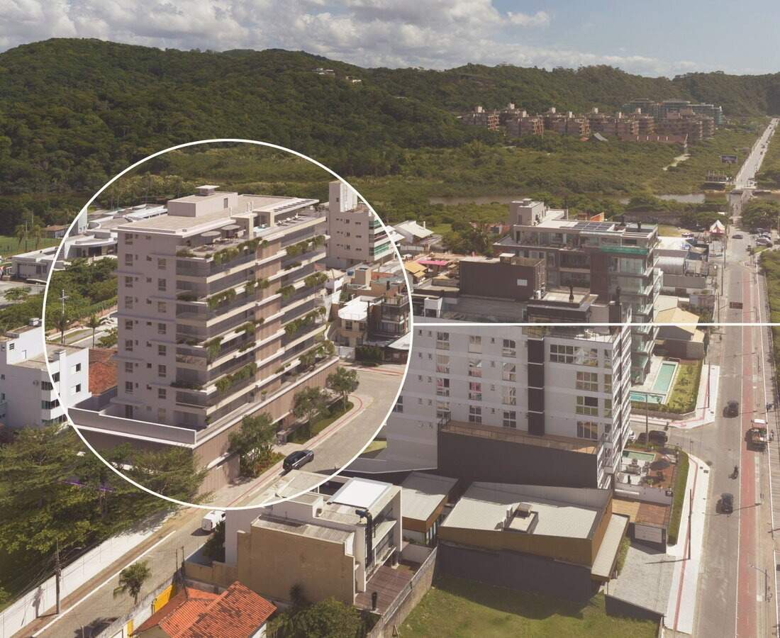 Cobertura à venda no Praia Brava: Praia Brava vista do alto, com o Aura Living Home em destaque (fotomontagem ilustrativa)