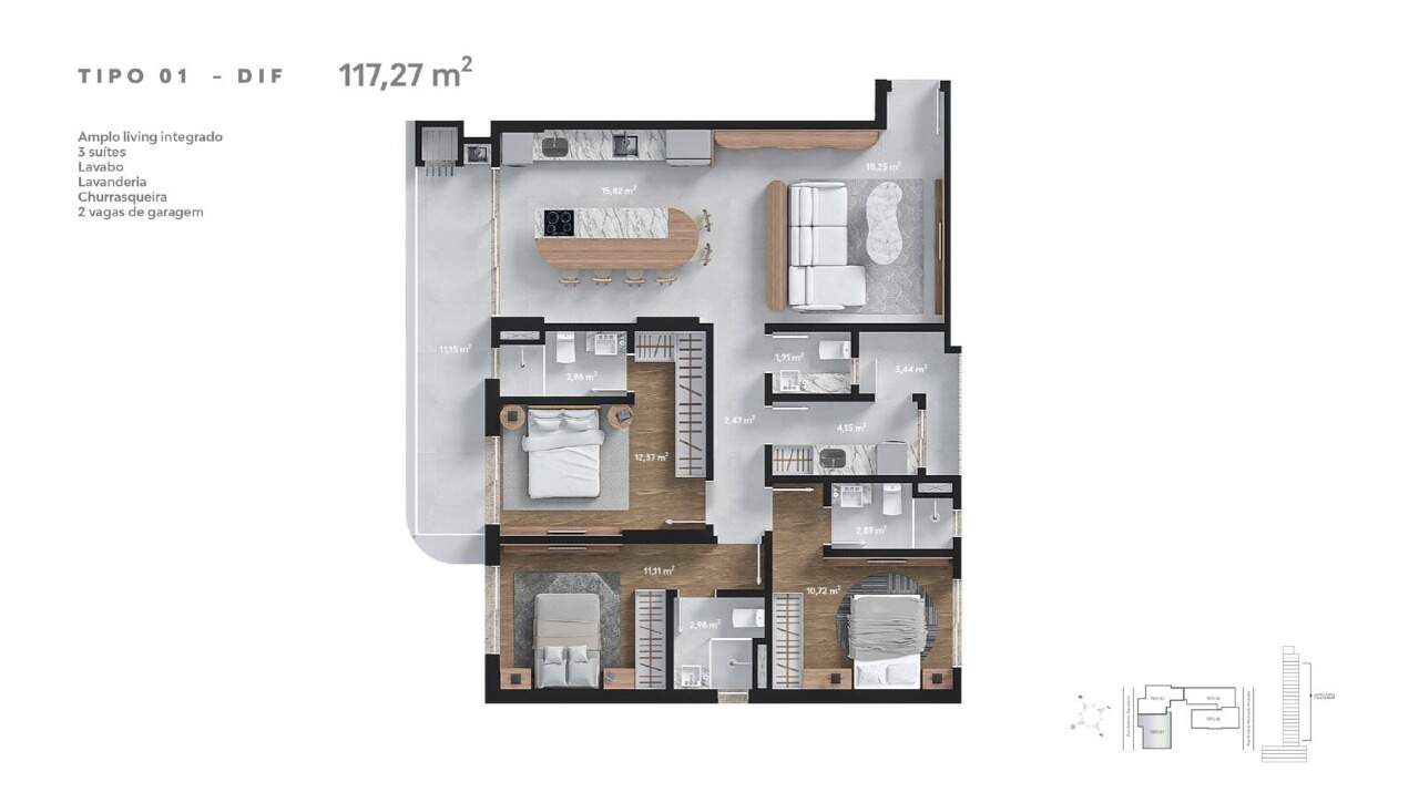 Apartamento à venda no Fazenda: Planta de 117,27 m²: 3 suítes, cozinha com ilha e sacada ampliada de 11,15 m²