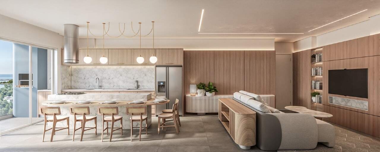 Apartamento à venda no Fazenda: Cozinha com ilha integrada ao living, na planta de 3 suítes do final 1 (imagem ilustrativa)