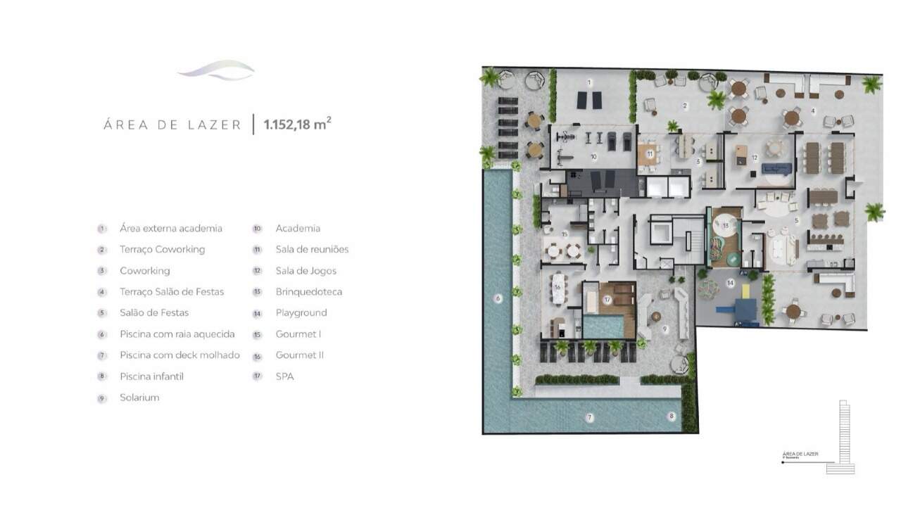Apartamento à venda no Fazenda: Planta do lazer, com 1.152,18 m² de piscinas, academia, salões e spa