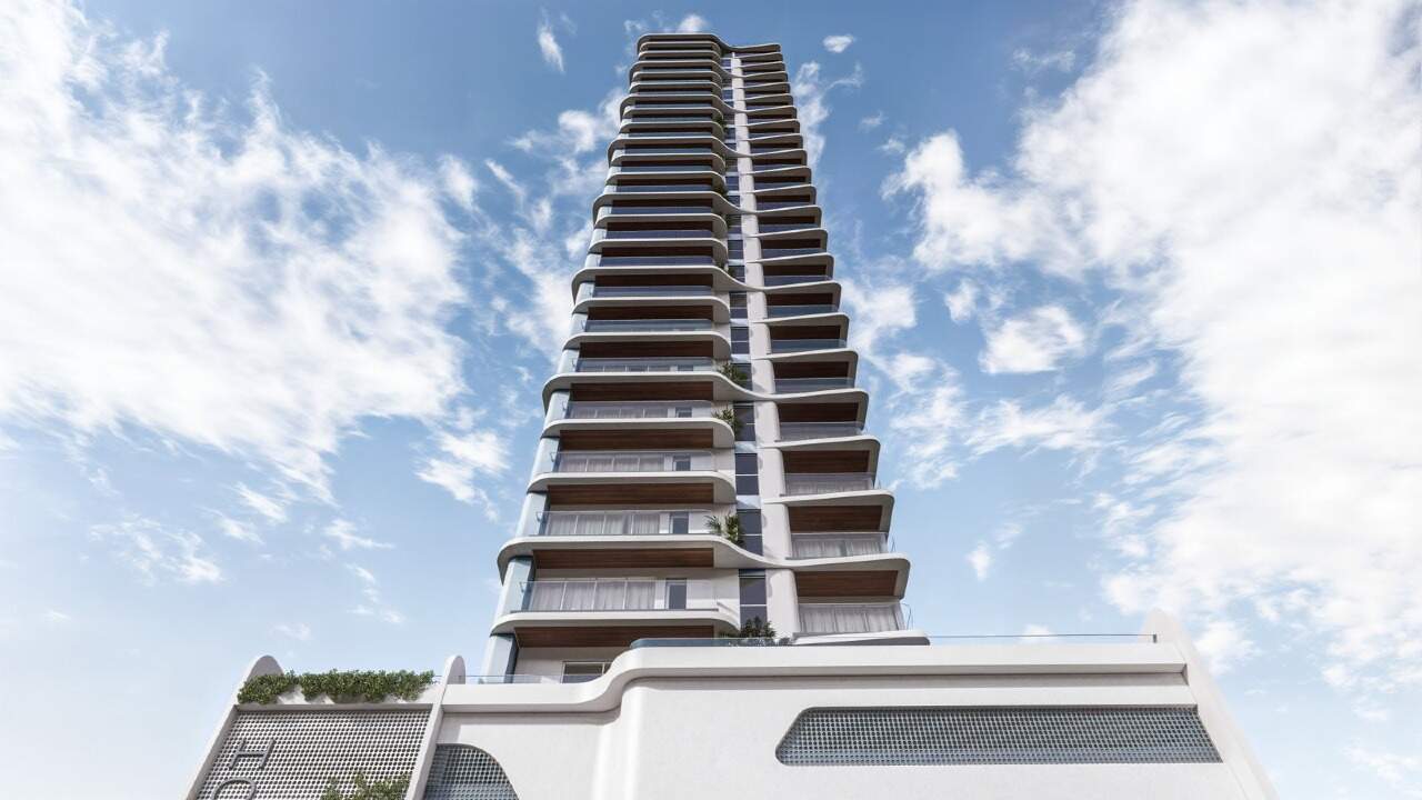 Apartamento à venda no Fazenda: Torre do Hórus Residence vista de baixo, com as sacadas em curva (imagem ilustrativa)