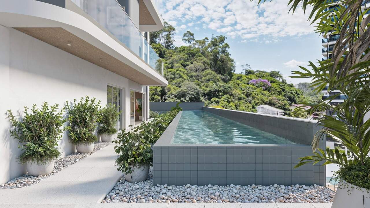 Apartamento à venda no Fazenda: Piscina ao lado do jardim, com o morro de mata ao fundo (imagem ilustrativa)
