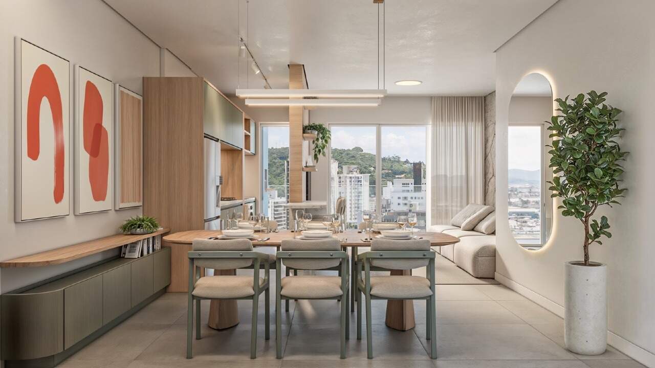 Apartamento à venda no Fazenda: Living de 28,74 m² integrado ao jantar, na planta de 107,52 m² (imagem ilustrativa)