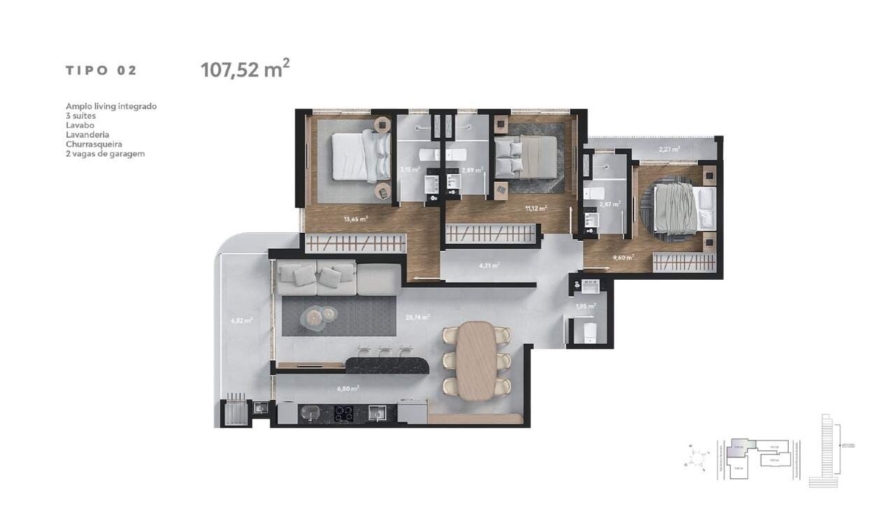 Apartamento à venda no Fazenda: Planta de 107,52 m²: 3 suítes, living de 28,74 m², lavabo e sacada com churrasqueira