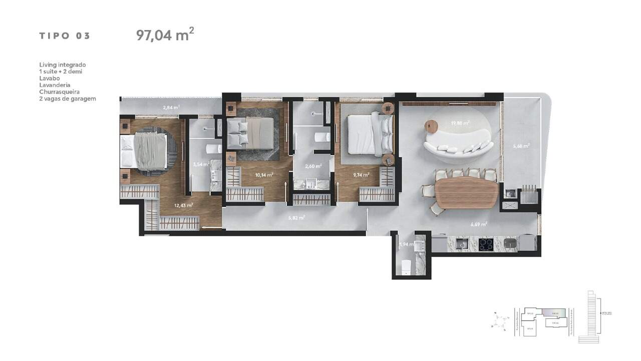 Apartamento à venda no Fazenda: Planta de 97,04 m²: suíte, 2 demi-suítes, lavabo e sacada com churrasqueira