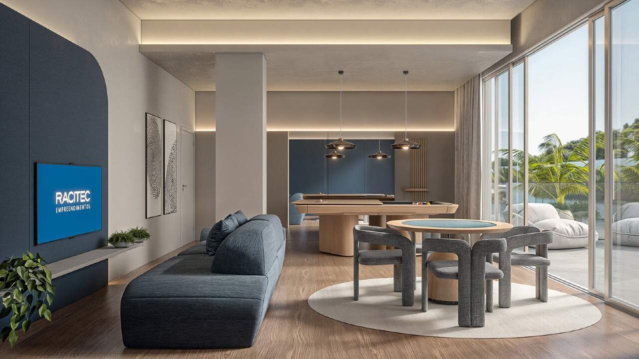 Apartamento à venda no Fazenda: Sala de jogos com sinuca, mesa de carteado e sofá (imagem ilustrativa)