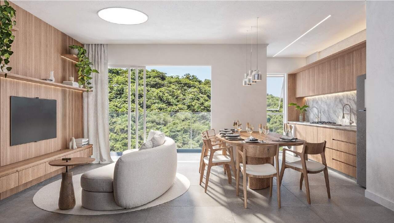 Apartamento à venda no Fazenda: Living e jantar da planta de 97,04 m², com a sacada voltada para o morro (imagem ilustrativa)