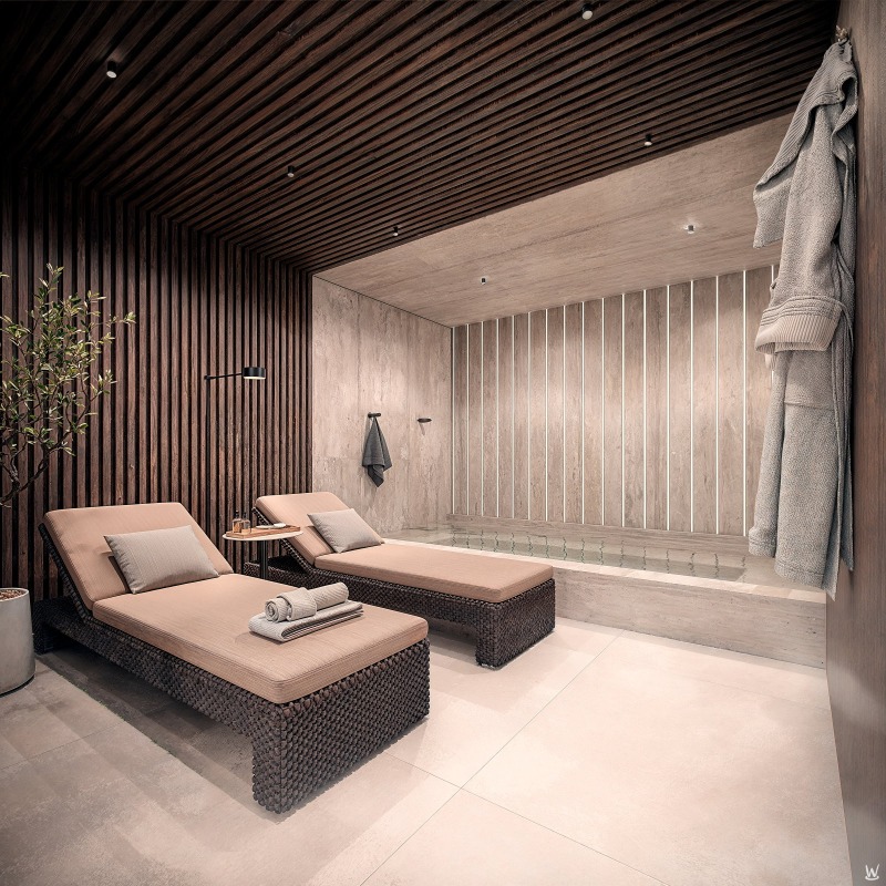 Apartamento à venda no Fazenda: Spa com espreguiçadeiras e forro de madeira (imagem ilustrativa)
