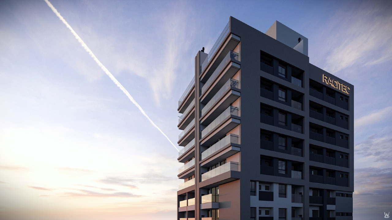 Apartamento à venda no Fazenda: Topo da torre ao entardecer, com o letreiro da Racitec (imagem ilustrativa)