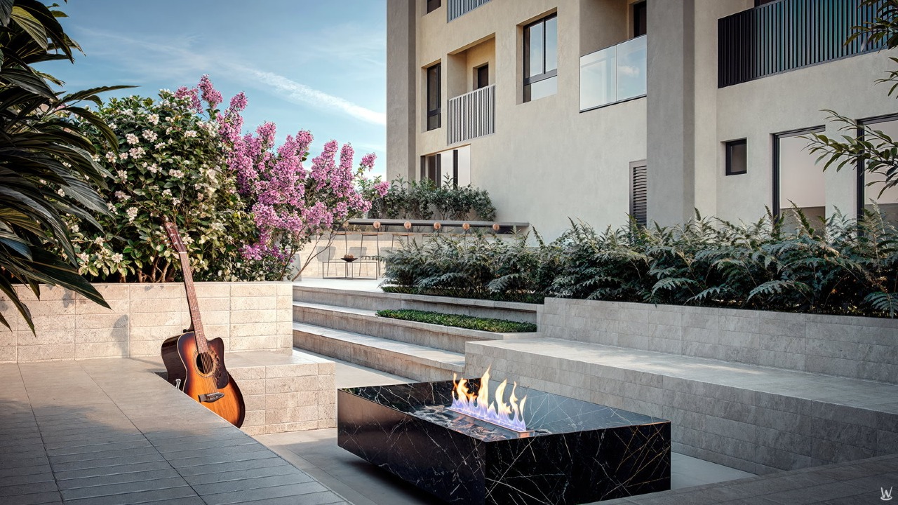 Apartamento à venda no Fazenda: Fire place ao ar livre, com lareira e bancos (imagem ilustrativa)