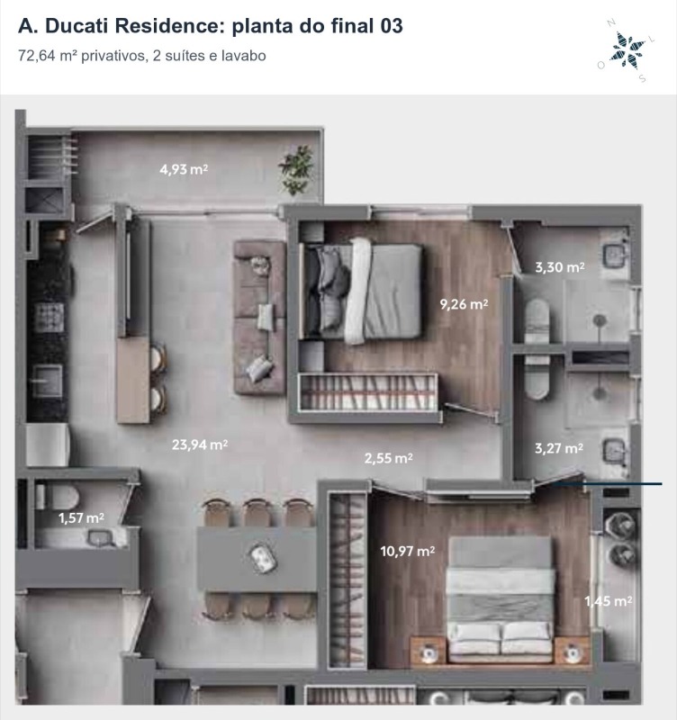 Apartamento à venda no Fazenda: Planta do final 03: 72,64 m² com 2 suítes, lavabo e sacada com churrasqueira