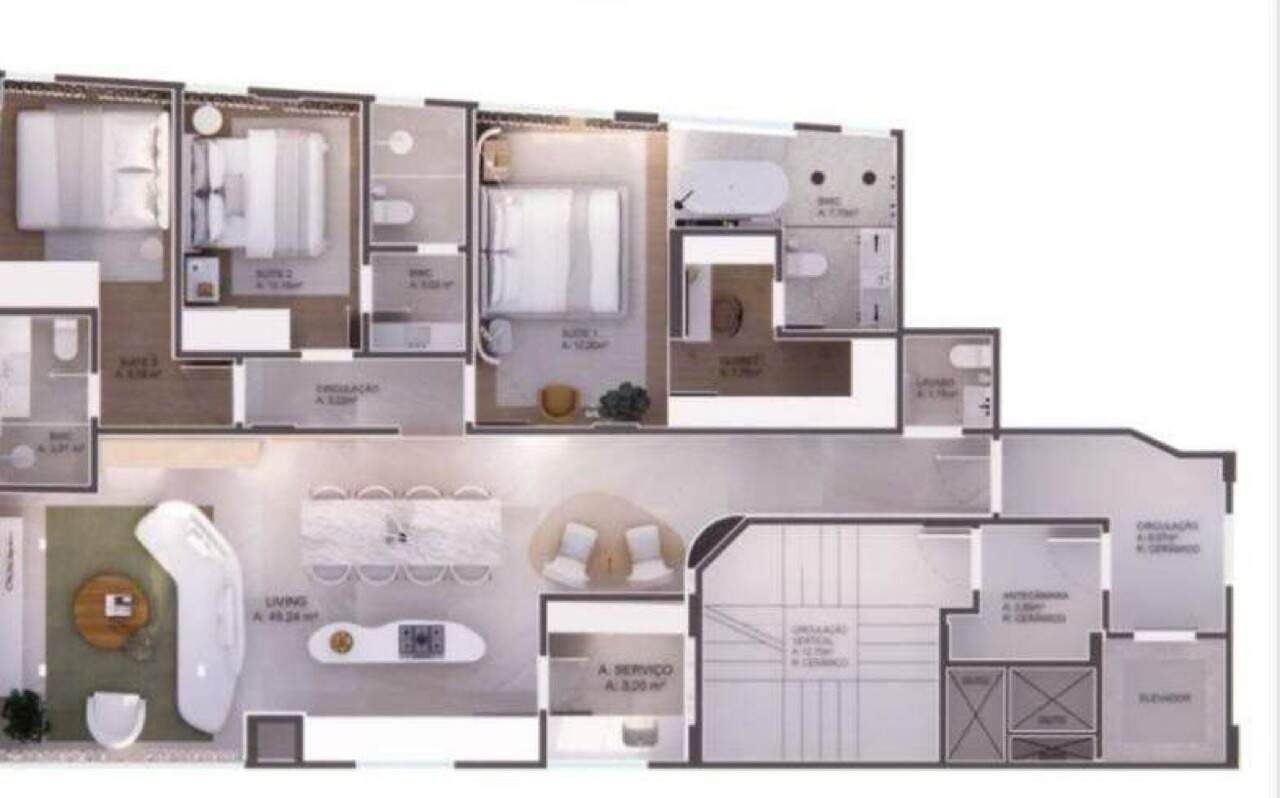 Apartamento diferenciado à venda no Praia Brava: Planta humanizada com living integrado à cozinha e as três suítes (imagem ilustrativa)