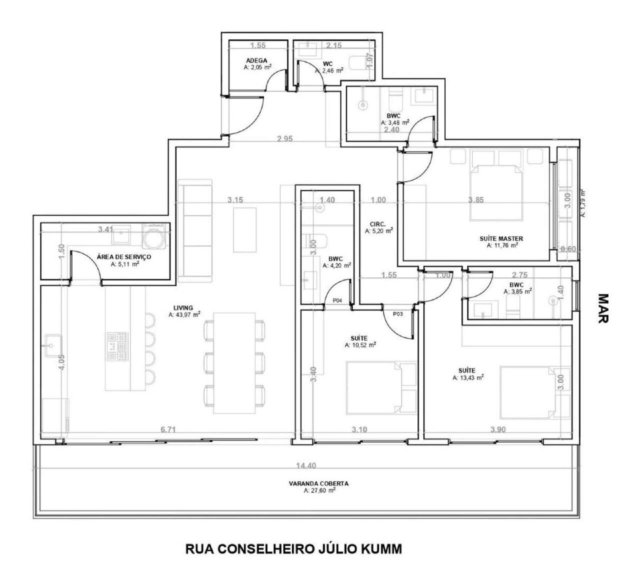 Apartamento diferenciado à venda no Praia Brava: Planta de 149,75 m² com 3 suítes, adega, lavabo e varanda coberta de 27,60 m²