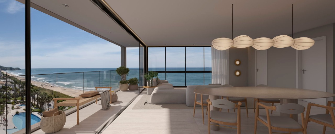 Apartamento diferenciado à venda no Praia Brava: Living integrado à varanda, com o mar ao fundo (imagem ilustrativa)