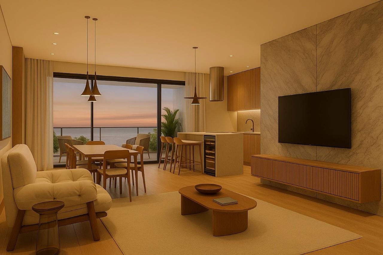 Apartamento diferenciado à venda no Praia Brava: Opção de living com painel de TV e cozinha integrada (imagem ilustrativa)