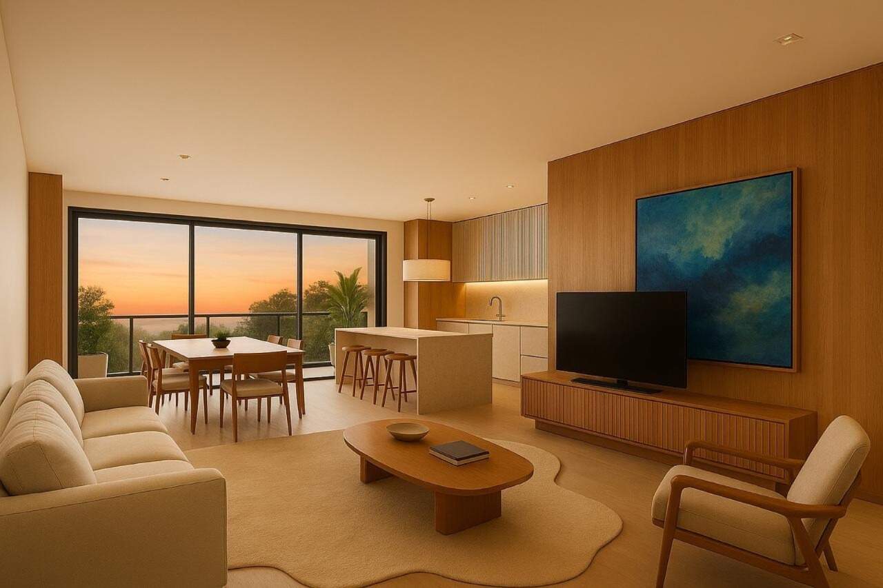 Apartamento à venda no Praia Brava: Opção de living com cozinha aberta e bancada (imagem ilustrativa)