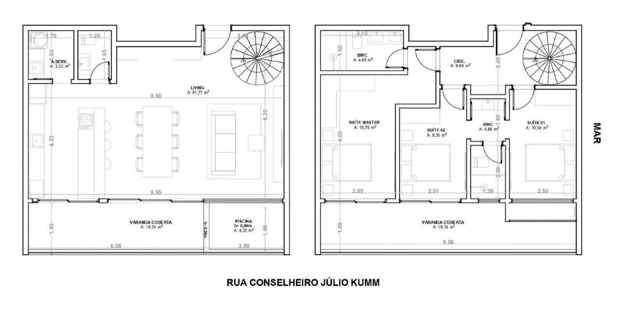Apartamento à venda no Praia Brava: Planta do duplex de 163,23 m²: living e varanda com piscina embaixo, 3 suítes em cima
