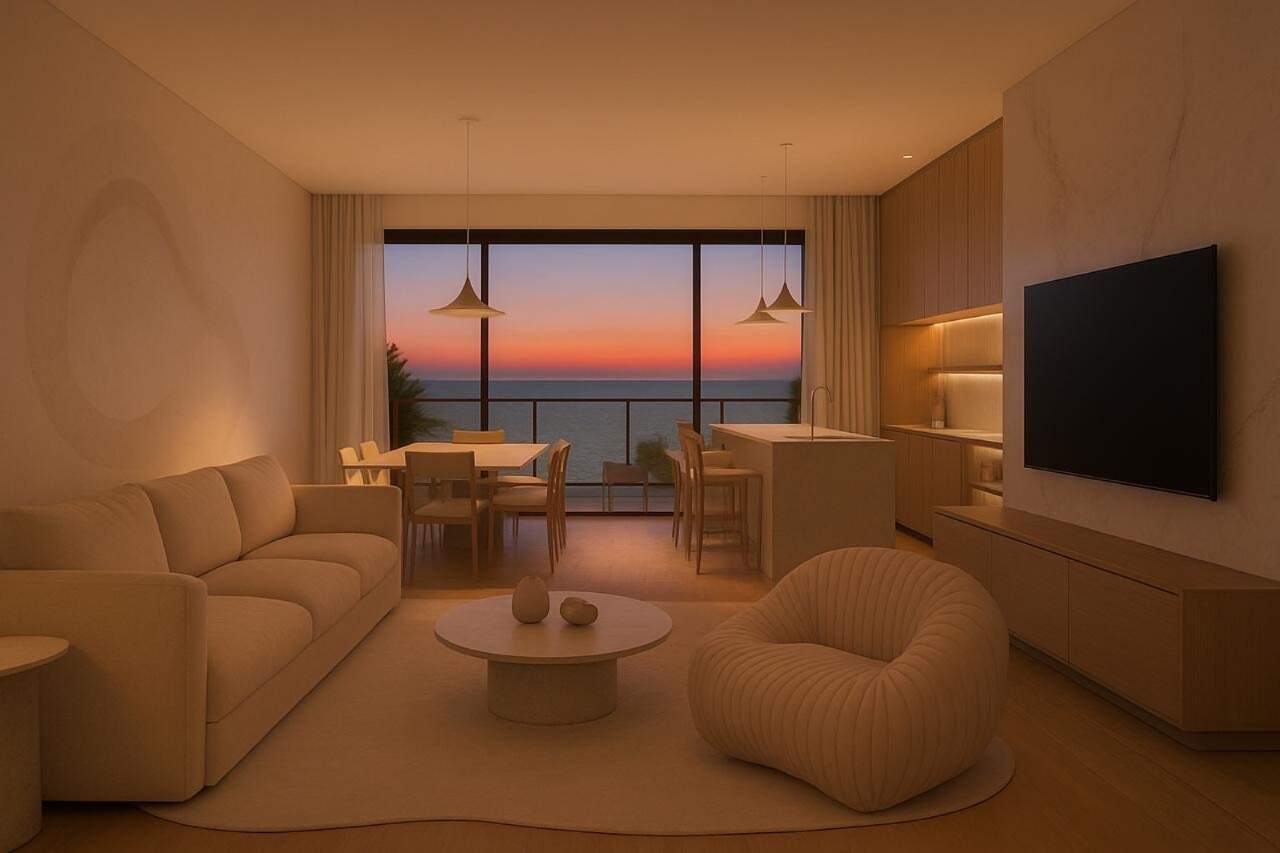Apartamento à venda no Praia Brava: Opção de decoração do living, com estar e jantar integrados (imagem ilustrativa)