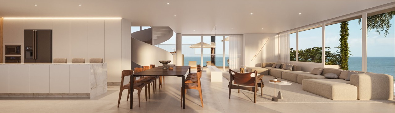 Cobertura à venda no Praia Brava: Estar, jantar e cozinha integrados da penthouse, com escada helicoidal (imagem ilustrativa)