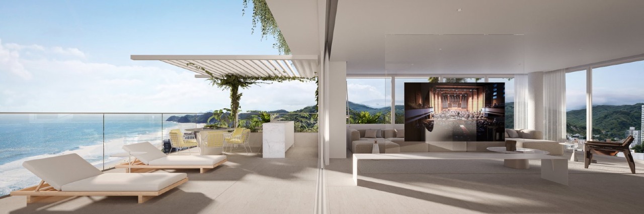 Cobertura à venda no Praia Brava: Estar e terraço da penthouse com vista para o mar (imagem ilustrativa)