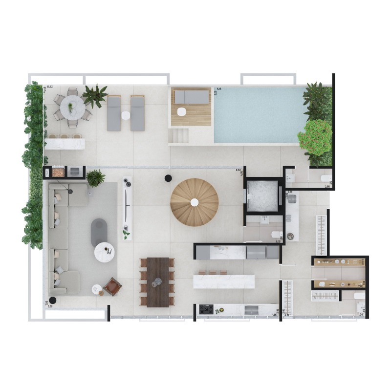 Cobertura à venda no Praia Brava: Planta do pavimento inferior da penthouse sul: living, cozinha, terraço e piscina