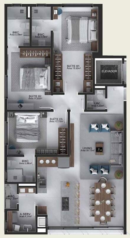 Apartamento à venda no Centro: Planta do tipo 1 do Filipinas Residence: 107,58 m² privativos com 3 suítes