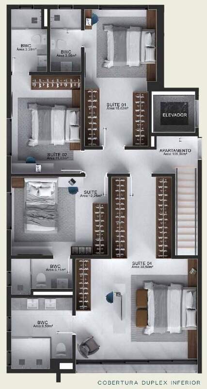 Cobertura à venda no Centro: Planta da cobertura duplex, piso inferior: 4 suítes