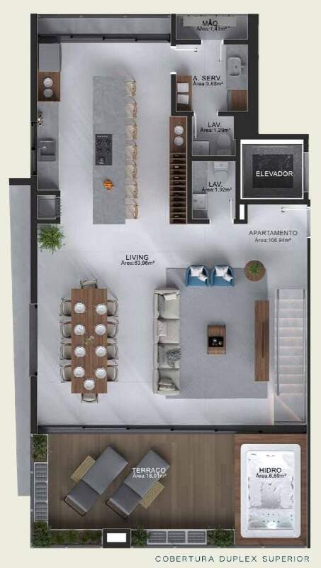 Cobertura à venda no Centro: Planta do piso superior: living, cozinha com ilha e terraço com hidromassagem