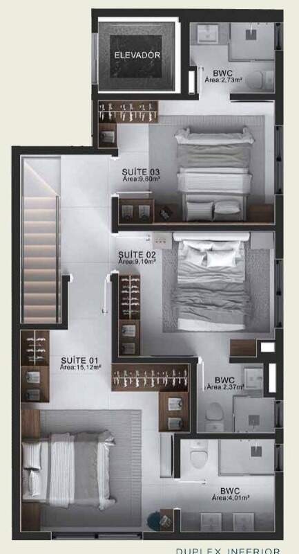 Apartamento à venda no Centro: Planta do duplex, piso inferior: 3 suítes com banheiro