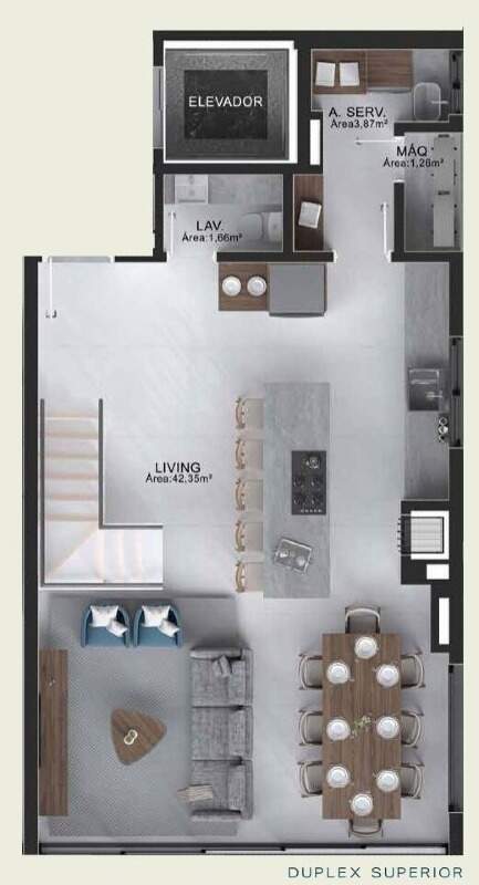 Apartamento à venda no Centro: Planta do duplex, piso superior: living, cozinha, lavabo e área de serviço
