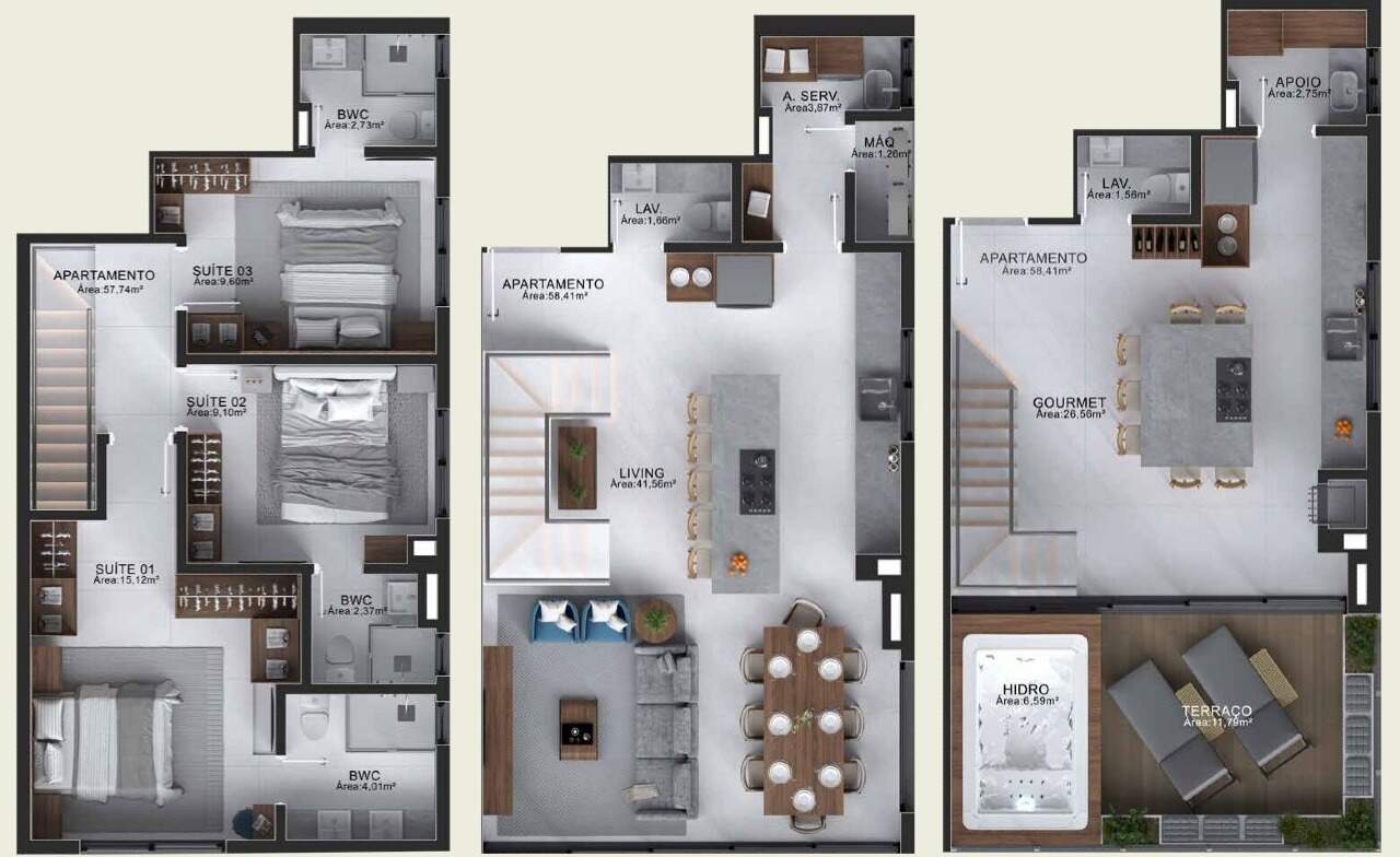 Cobertura à venda no Centro: Planta da cobertura triplex: suítes, living e gourmet com terraço, em 3 níveis
