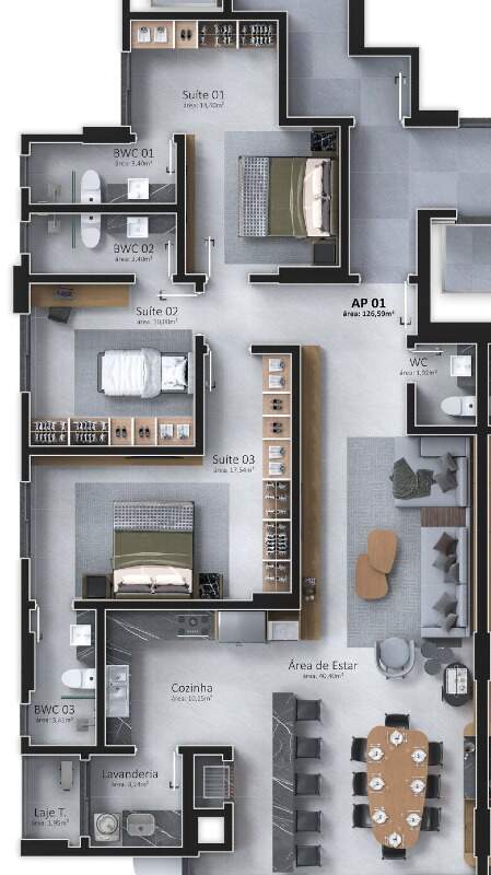 Apartamento à venda no Centro: Planta do tipo 1 do Newport Beach: 126,59 m² privativos com 3 suítes