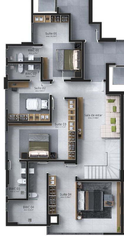 Cobertura à venda no Centro: Planta da cobertura duplex, piso inferior: 4 suítes e sala de estar