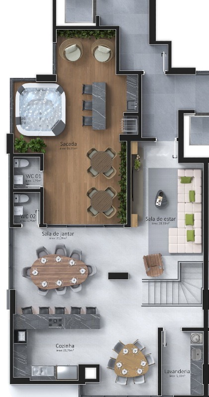 Cobertura à venda no Centro: Planta do piso superior: sacada com hidromassagem, jantar e cozinha