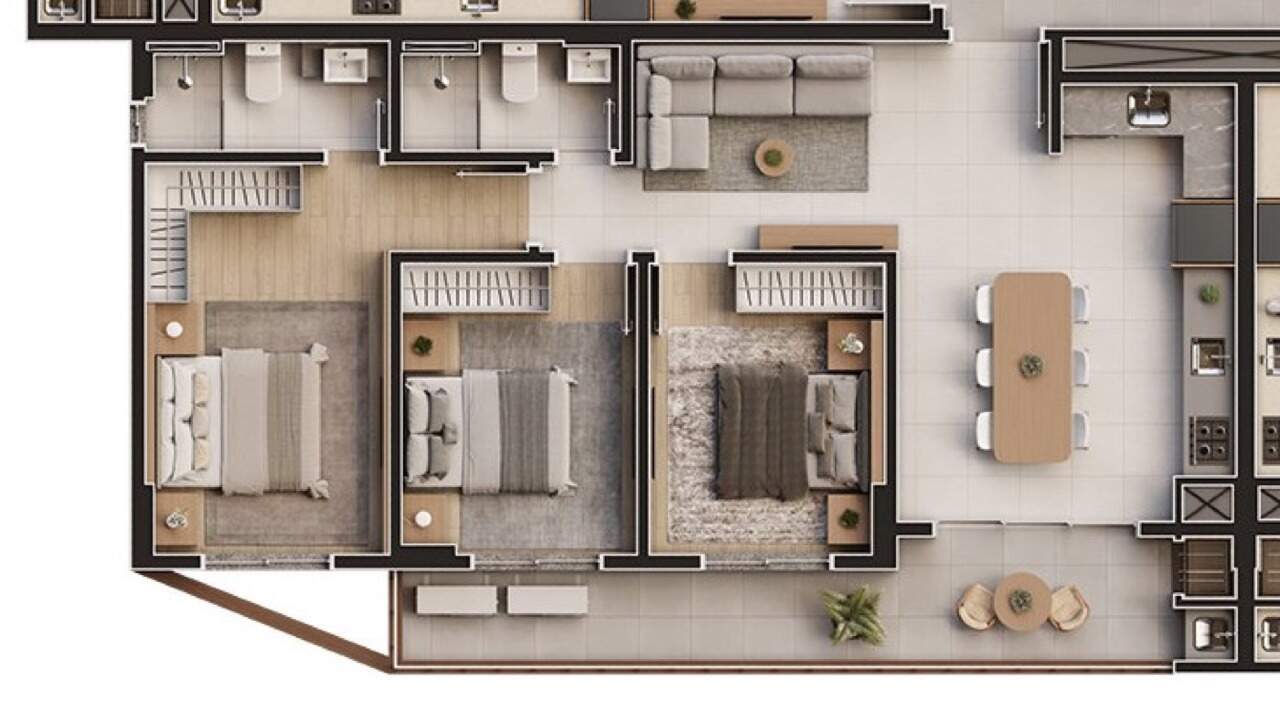 Apartamento à venda no Fazenda: Planta do final 2, de 92,78 m²: suíte, dois dormitórios, living integrado e sacada na frente