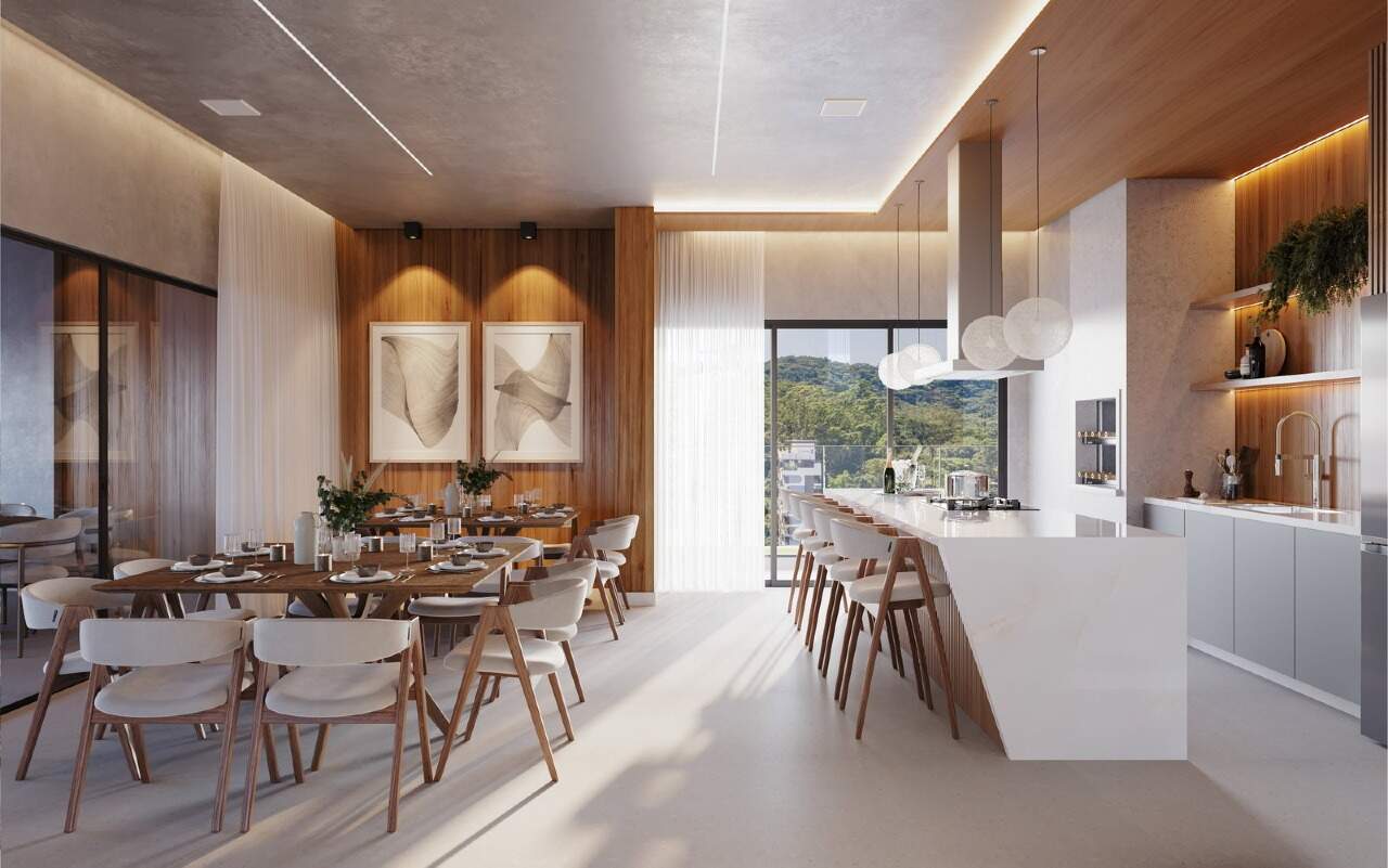 Apartamento à venda no Fazenda: Espaço gourmet com ilha e mesa de jantar no pavimento de lazer (imagem ilustrativa)