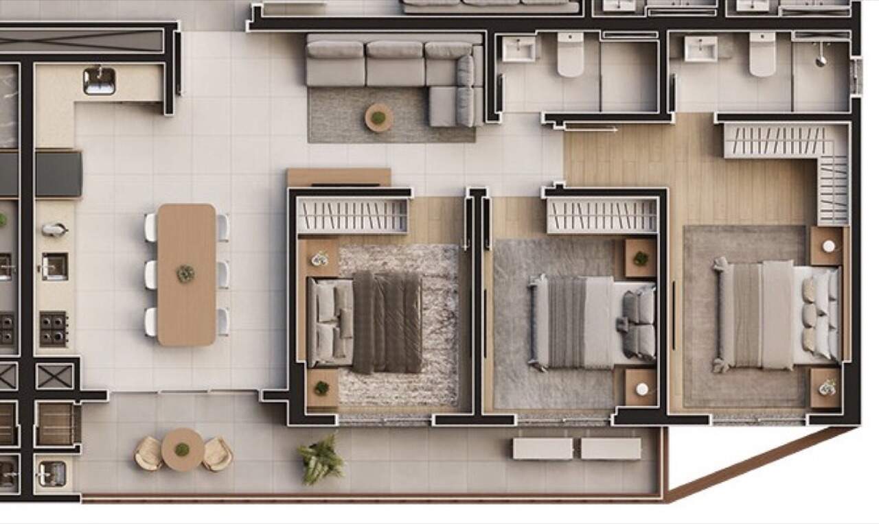 Apartamento à venda no Fazenda: Planta do final 1, de 103,59 m²: suíte, dois dormitórios, living integrado e sacada na frente