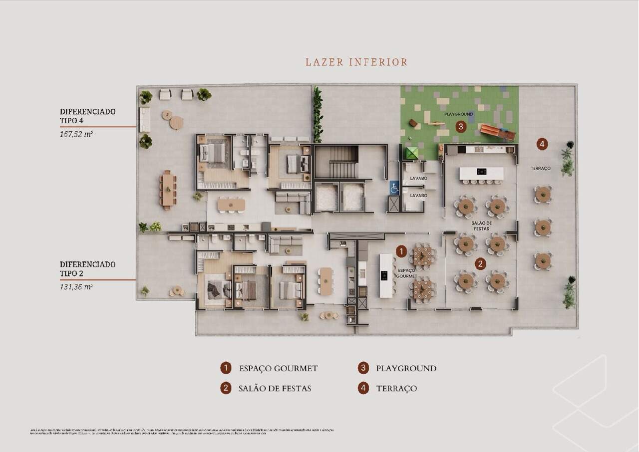 Apartamento à venda no Fazenda: Planta do pavimento de lazer: salão de festas, espaço gourmet, playground e terraço