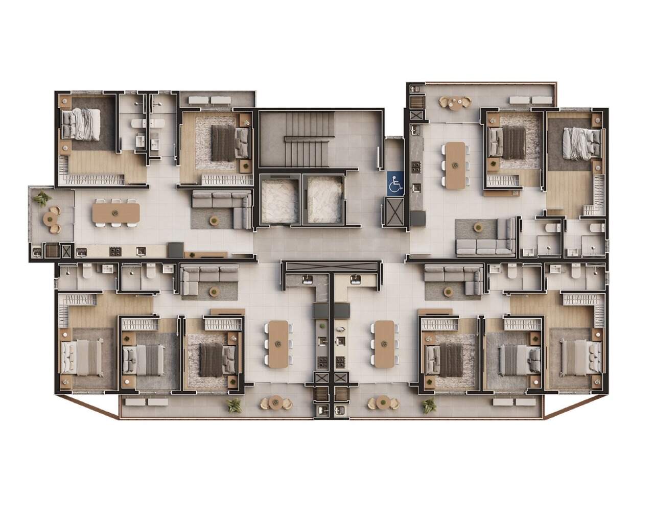 Apartamento à venda no Fazenda: Pavimento com os quatro apartamentos: finais 1 e 2 na frente, 3 e 4 nos fundos