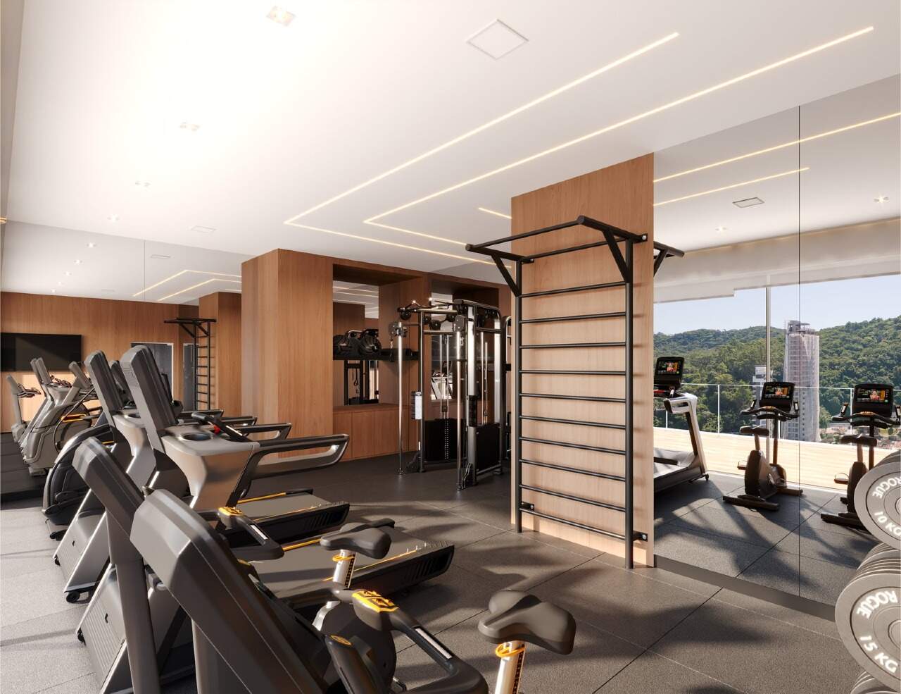 Apartamento à venda no Fazenda: Academia do rooftop, com aparelhos de cardio e musculação (imagem ilustrativa)
