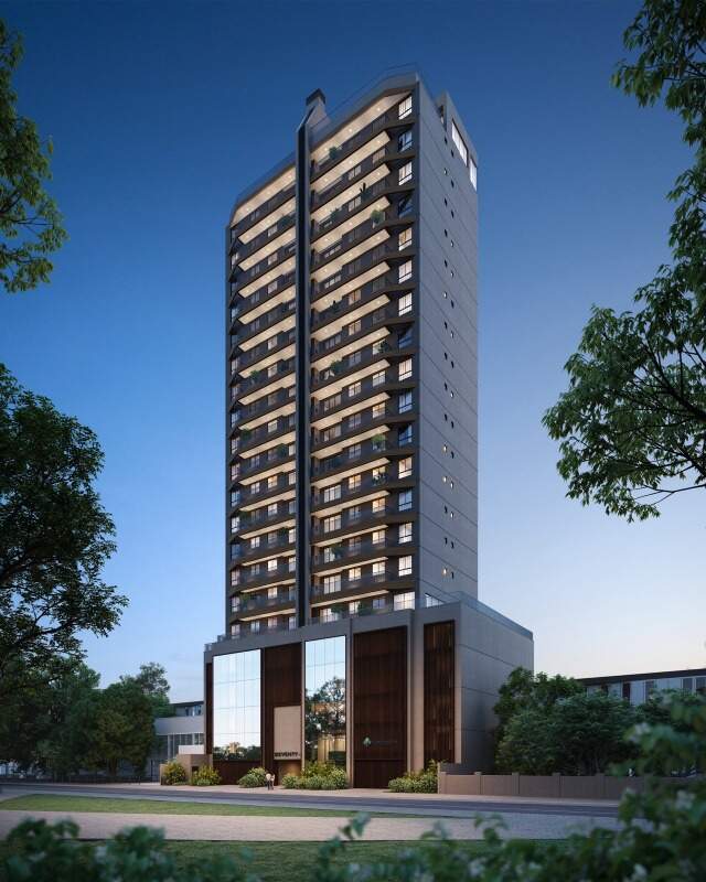 Apartamento à venda no Fazenda: Fachada do Seventy à noite, com as sacadas iluminadas (imagem ilustrativa)