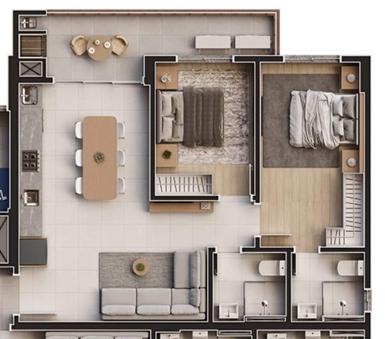 Apartamento à venda no Fazenda: Planta de referência do final 3 (tipo A do catálogo, 75,43 m²), com suíte e sacada nos fundos