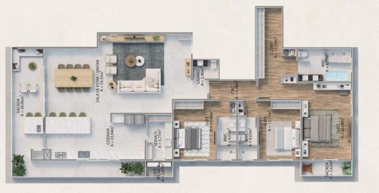 Apartamento à venda no Praia Brava: Planta do apartamento tipo de fundos: 219 m² privativos, 3 suítes e sacada de 28 m²