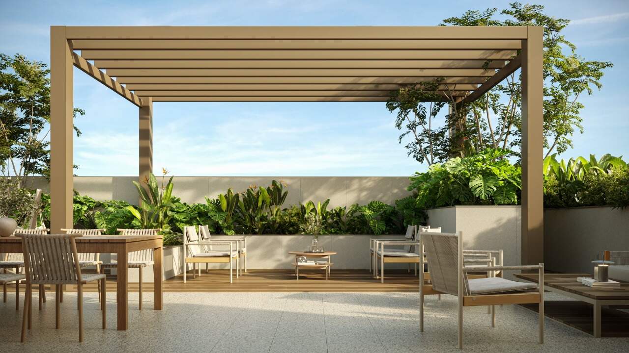 Apartamento diferenciado à venda no Pioneiros: Lounge externo com pergolado e jardim (imagem ilustrativa)