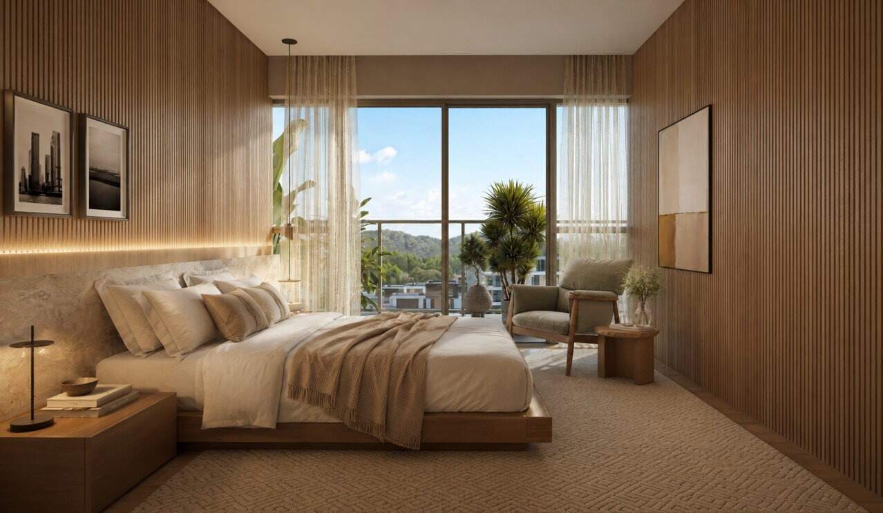 Apartamento diferenciado à venda no Pioneiros: Suíte de apartamento diferenciado, com sacada e vista para os morros (imagem ilustrativa)