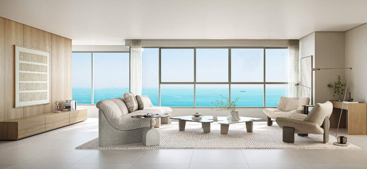 Apartamento diferenciado à venda no Pioneiros: Sala de estar do master voltada para o mar (imagem ilustrativa)