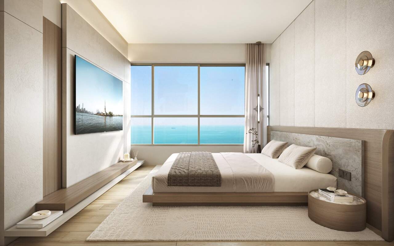 Apartamento diferenciado à venda no Pioneiros: Suíte principal do master com vista para o mar (imagem ilustrativa)