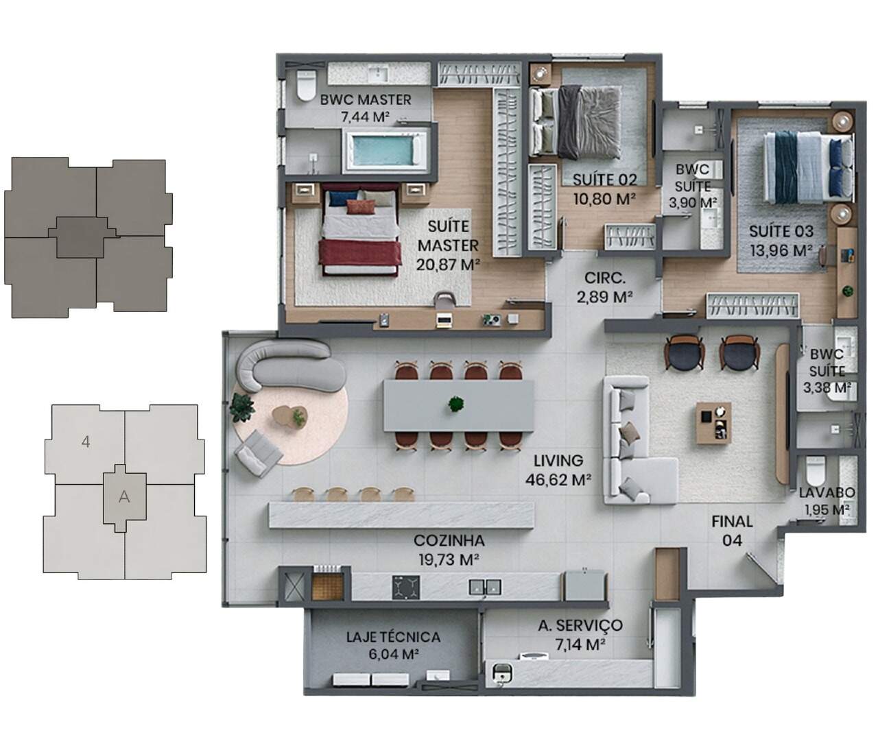 Apartamento à venda no Fazenda: Planta do apartamento de 160,49 m² com 3 suítes, Torre Figueira
