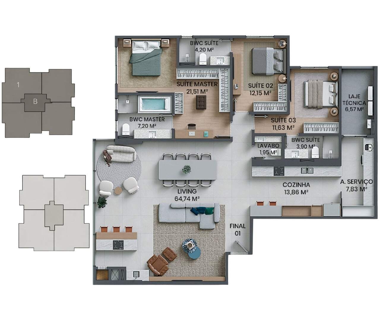 Apartamento à venda no Fazenda: Planta do apartamento de 172,29 m² com 3 suítes, Torre Oliveira