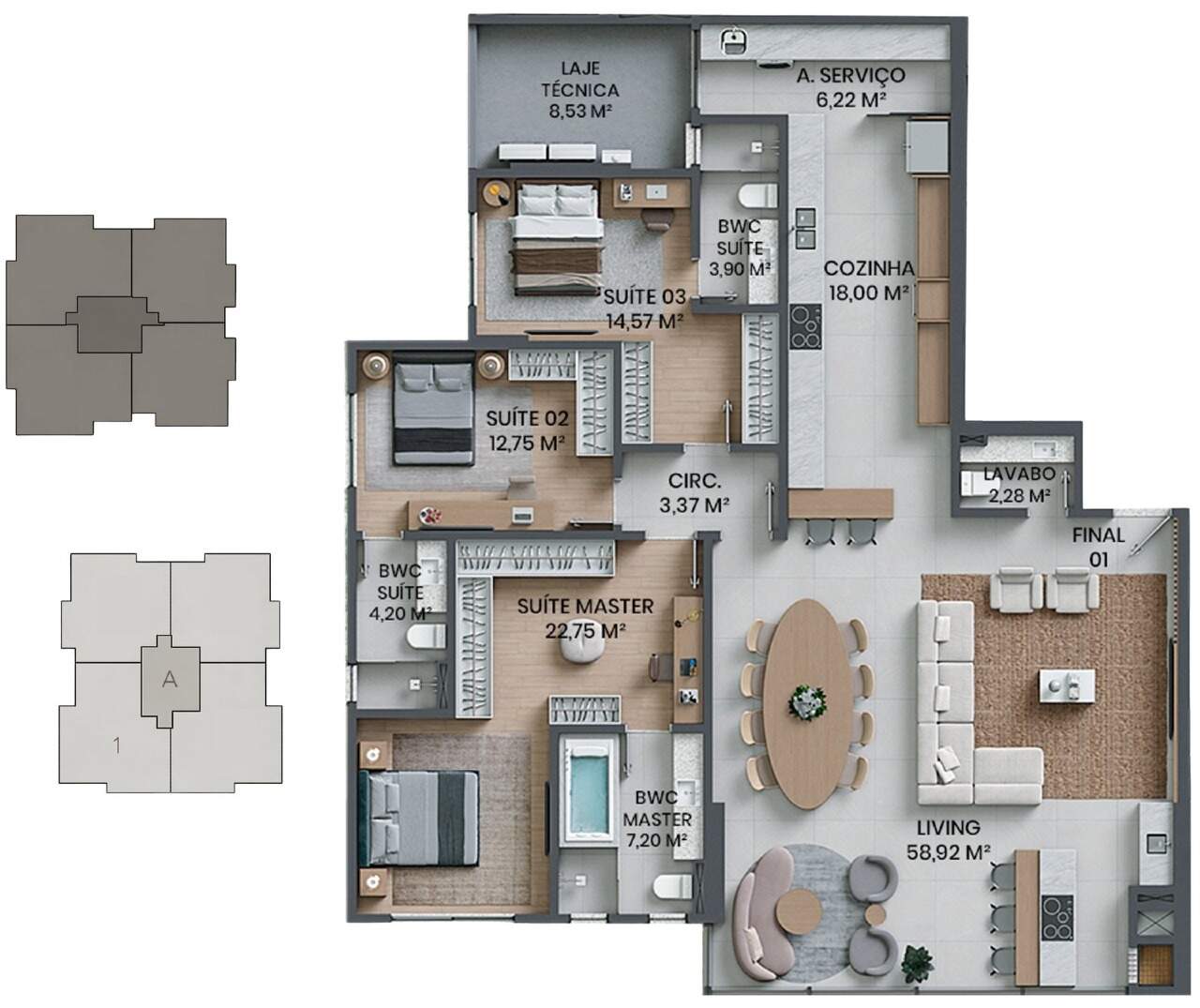 Apartamento à venda no Fazenda: Planta do apartamento de 180,11 m² com 3 suítes, Torre Figueira